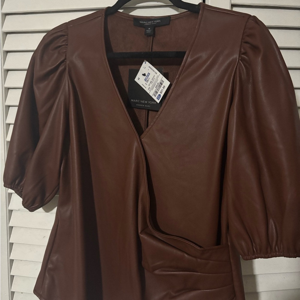Marc New York Chocolate Brown Faux Leather Blouse